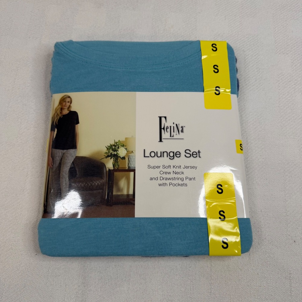 Felina Lounge Set Womens Small Super Soft Knit Jersey Blue Teal Striped